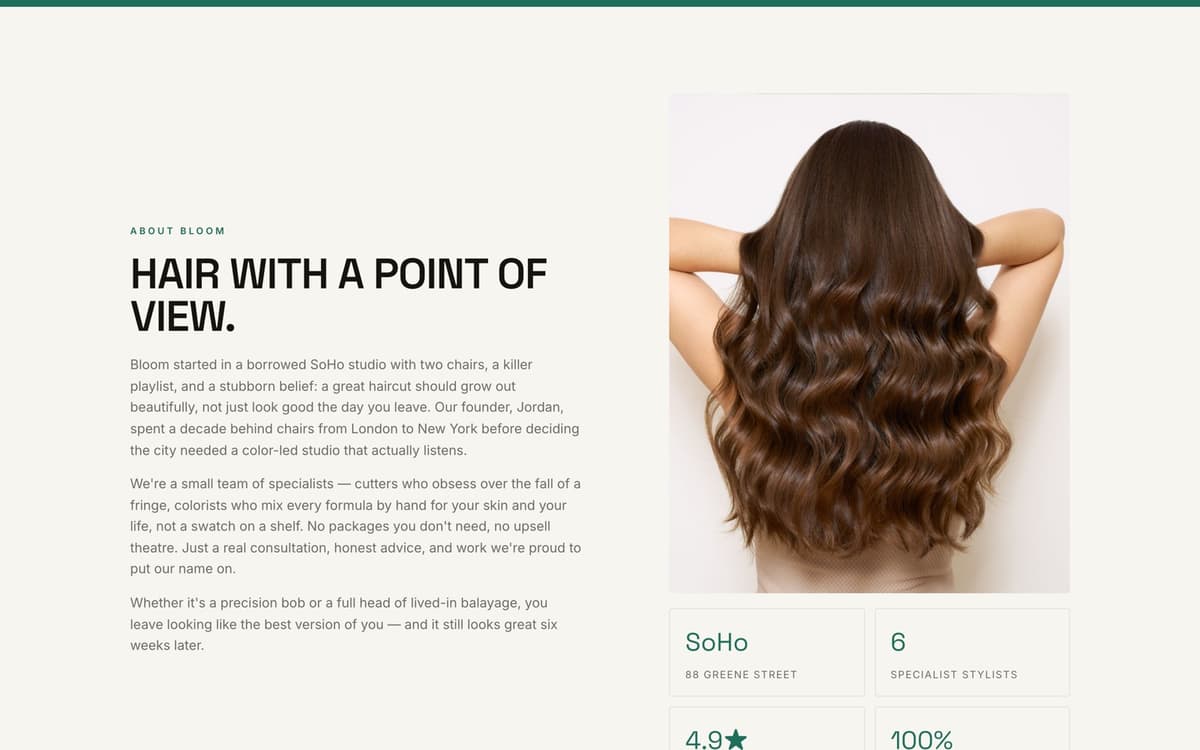 A salon's story and stats on its website